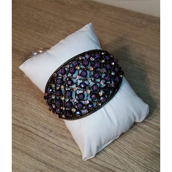 Wide Brass Tone Statement Clamper Braselet Bejeweled - Picture 2 of 4